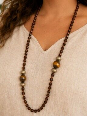 Vintage 32" Tiger Eye & Amber Glass Beaded Necklace Lobster Clasp Boho